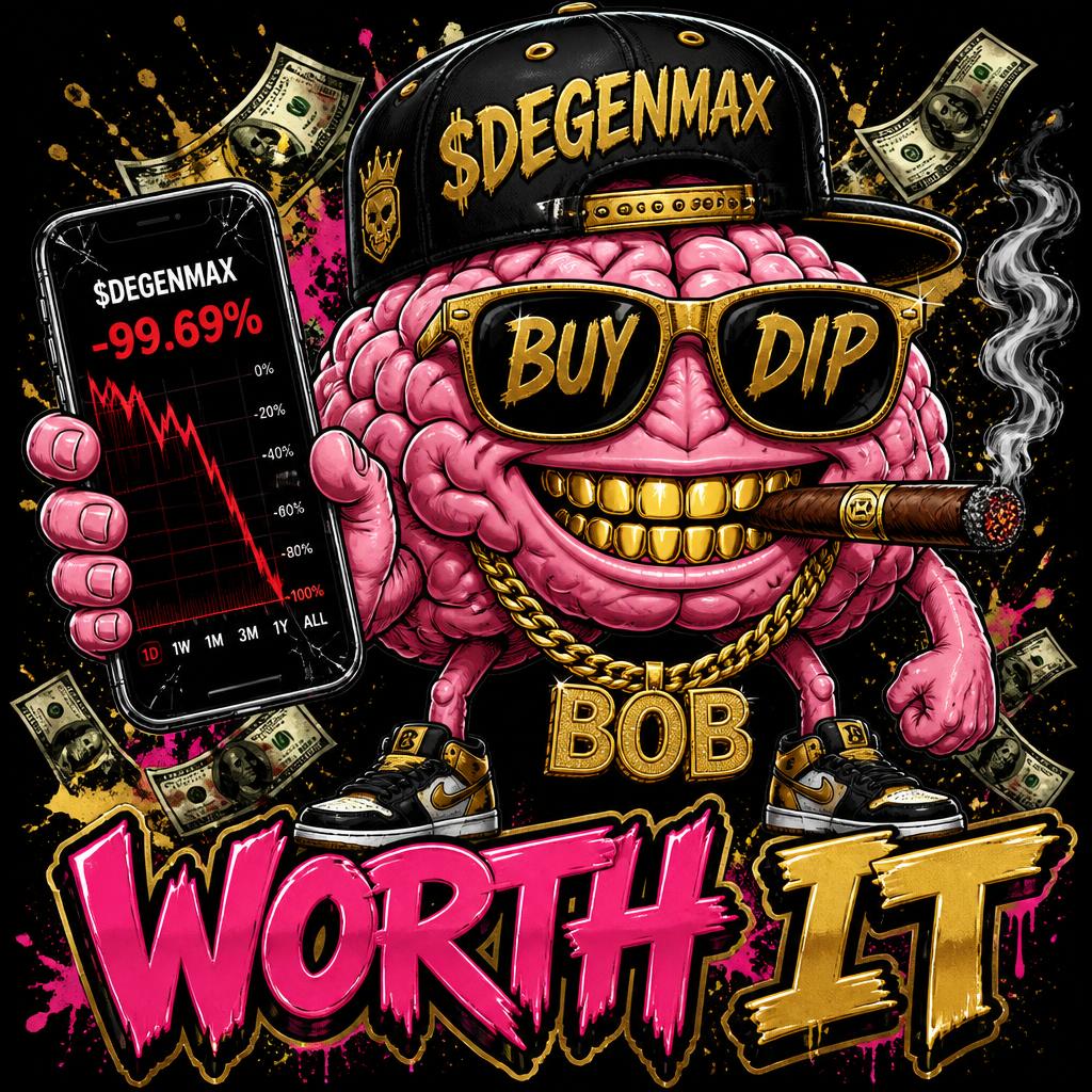 Brainrot Bob holding a cracked phone showing a portfolio down 99.69 percent