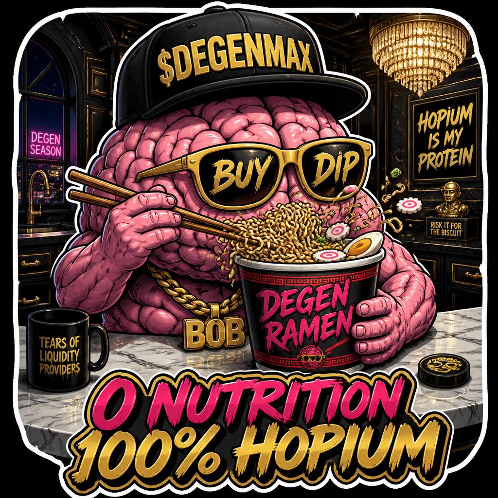 Brainrot Bob eating degen ramen in a marble kitchen