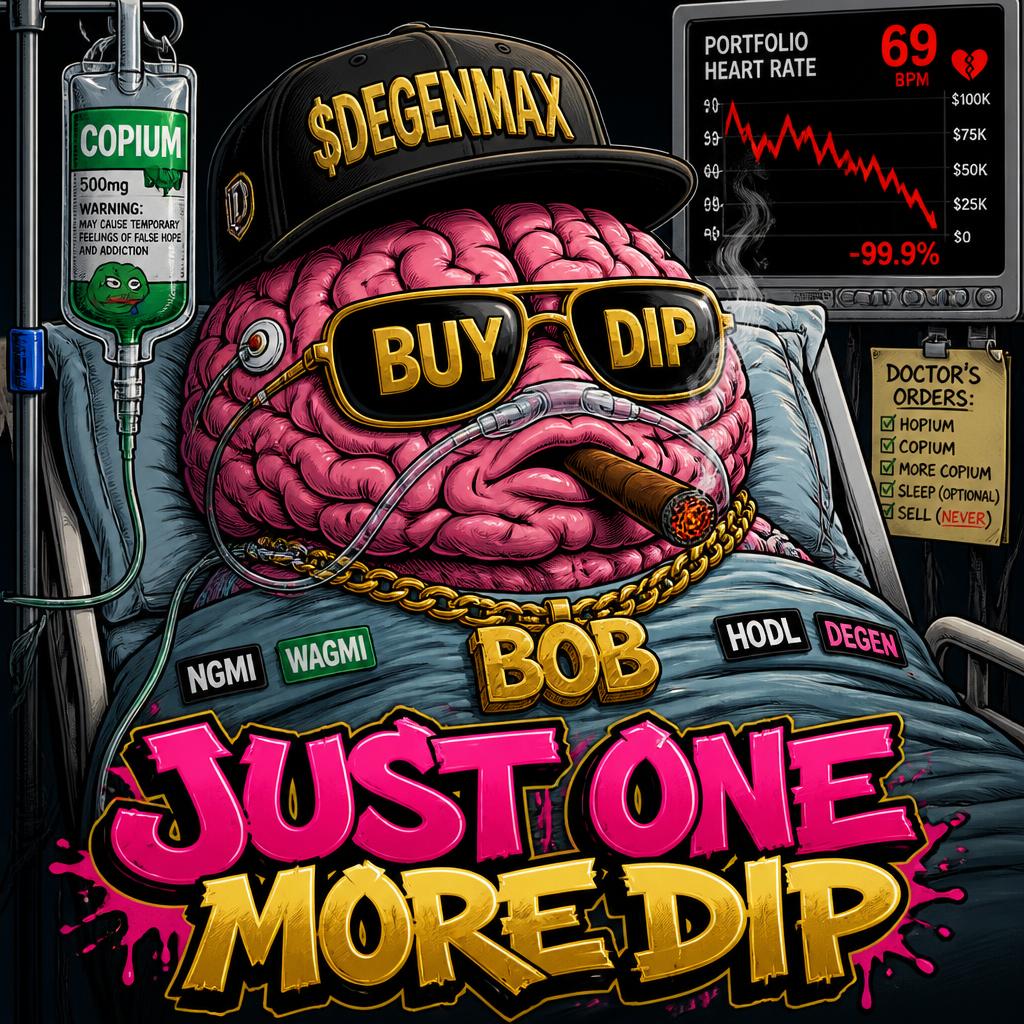 Brainrot Bob in a hospital bed on a copium IV drip