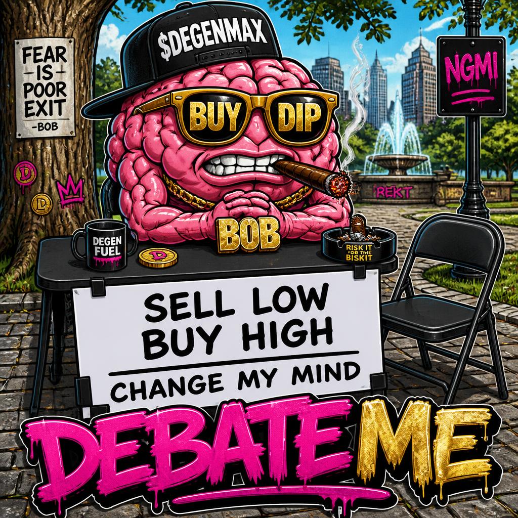 Brainrot Bob at a park table with a sell low buy high sign
