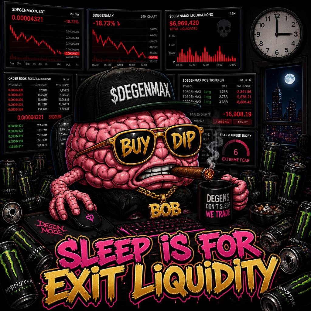 Brainrot Bob watching six red trading monitors at 3am